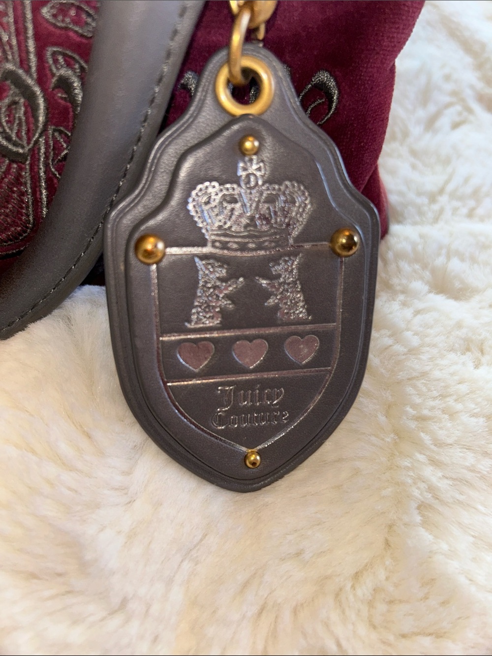 Juicy Couture Burgundy Velvet Satchel with Gray Leather Trim - Picture 10 of 10